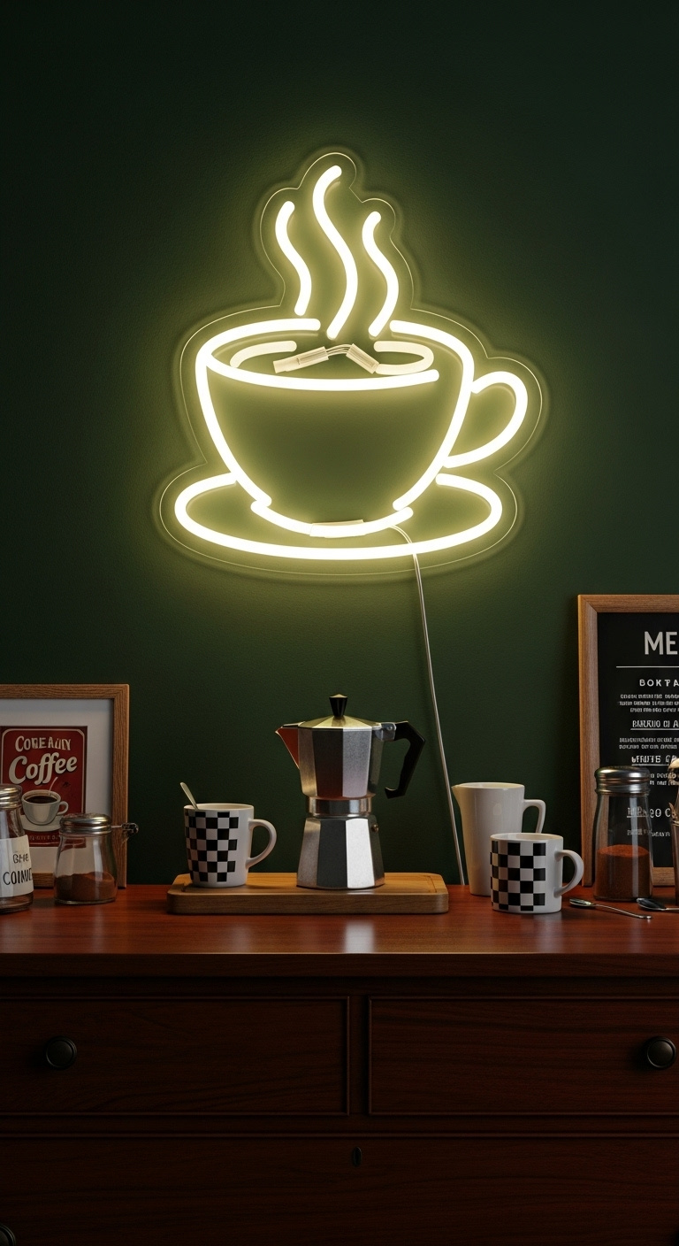 Vintage cafe coffee station on dark mahogany dresser with warm white LED neon sign steaming coffee cup moka pot