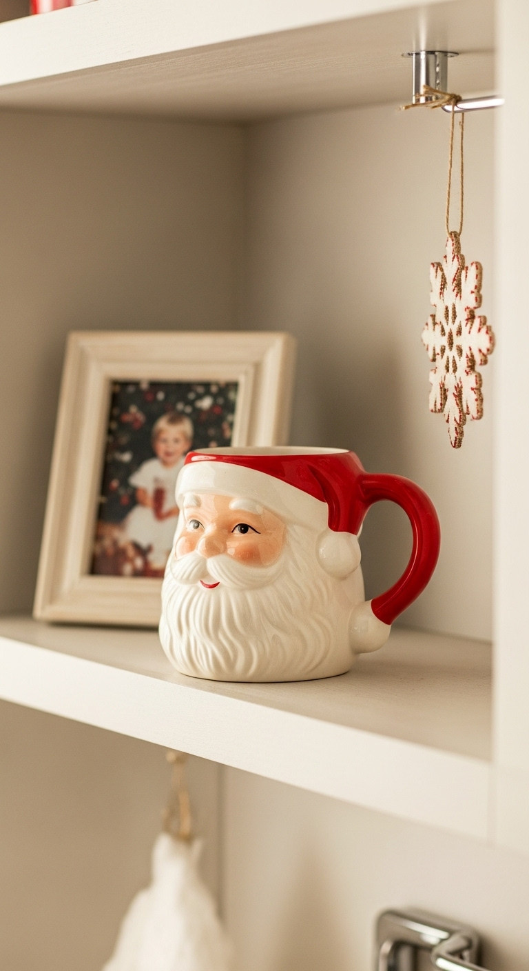 Vintage ceramic Santa mug and a framed child's Christmas photo on a white wooden shelf