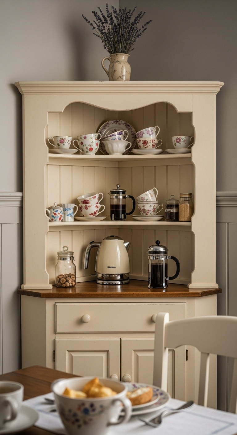 Vintage cream-colored corner hutch filled with a tea and coffee station including teacups kettle and French press