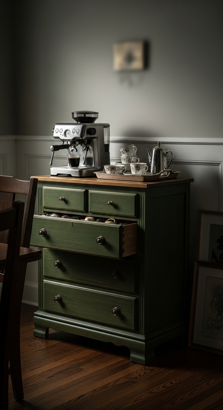 Vintage dark green dresser repurposed as a standalone coffee bar with an espresso machine teacups and a tray
