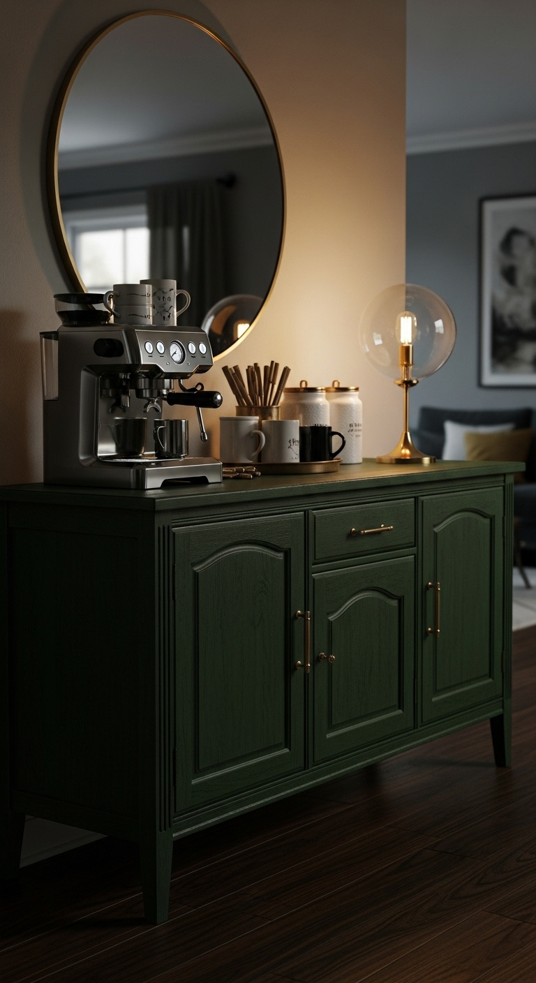 Vintage dark green sideboard with gold hardware styled as a coffee bar with espresso machine and mugs