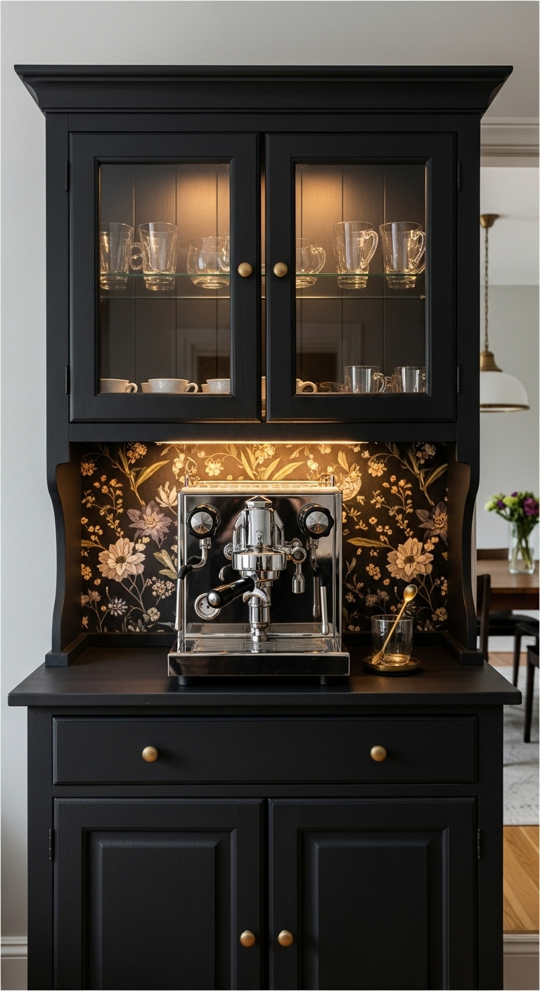 Vintage hutch painted charcoal black and converted into a sophisticated coffee bar with a chrome espresso machine