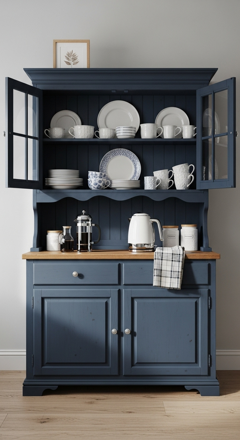 Vintage matte navy blue china cabinet repurposed as a coffee bar with glass doors displaying mugs French press and kettle