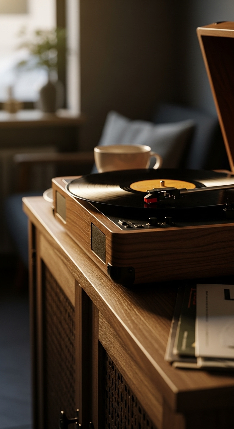 Vintage record player on a rustic wooden credenza with a spinning vinyl record and stack of sleeves in a cozy coffee shop interior
