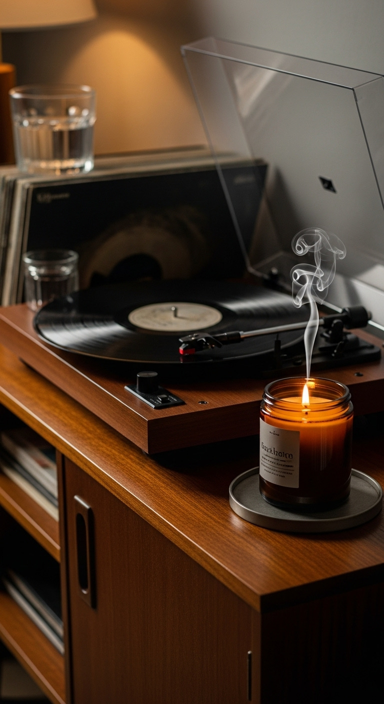 Vintage record player with vinyl playing, minimalist amber candle with smoke, and a glass of water on a wooden console