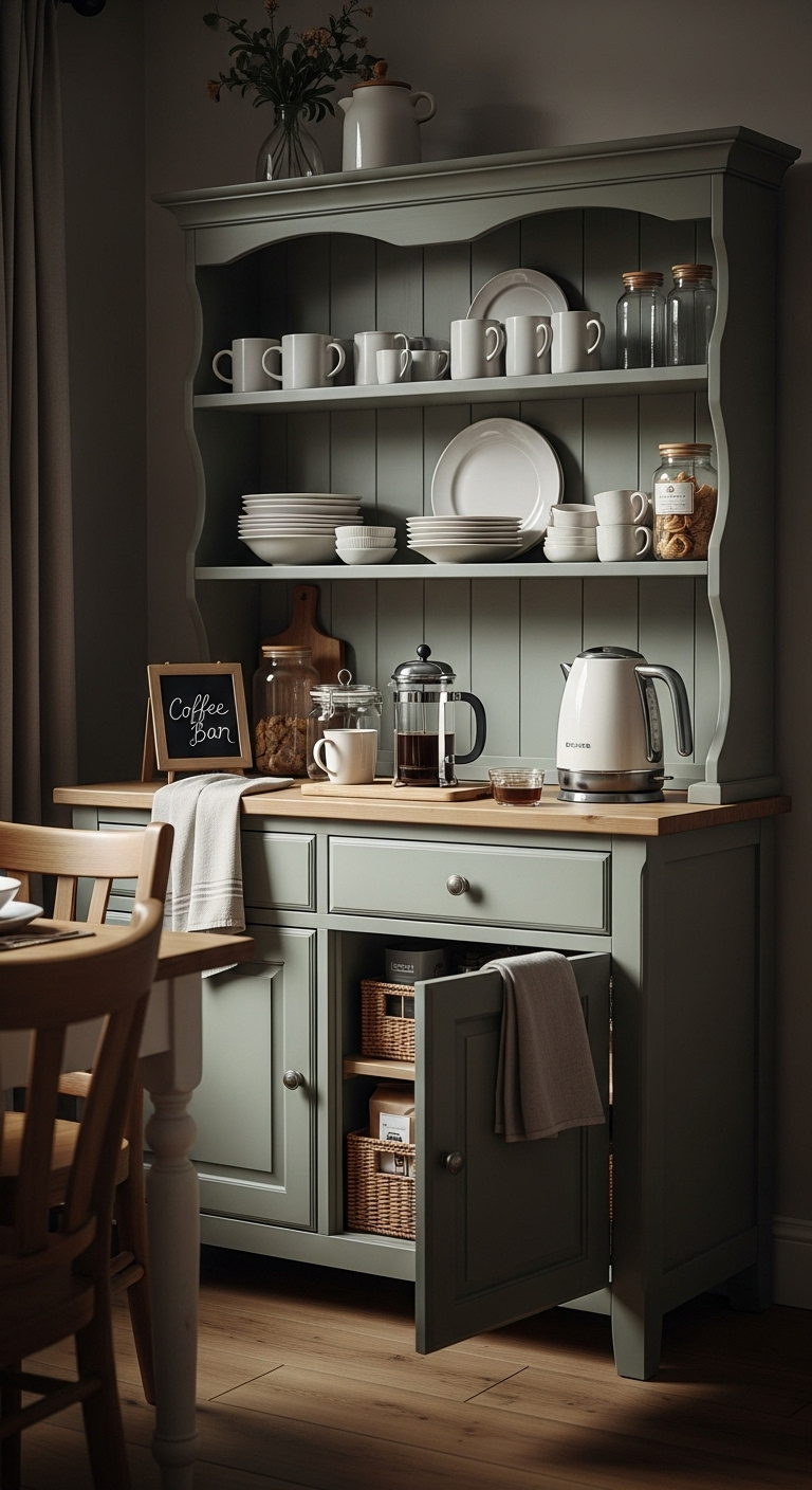 Vintage sage green hutch in a dining room corner transformed into a coffee bar with a French press and mugs