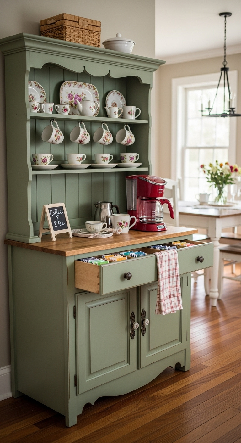 Vintage sage green hutch repurposed as a coffee bar with floral teacups retro red coffee maker and organized tea bags