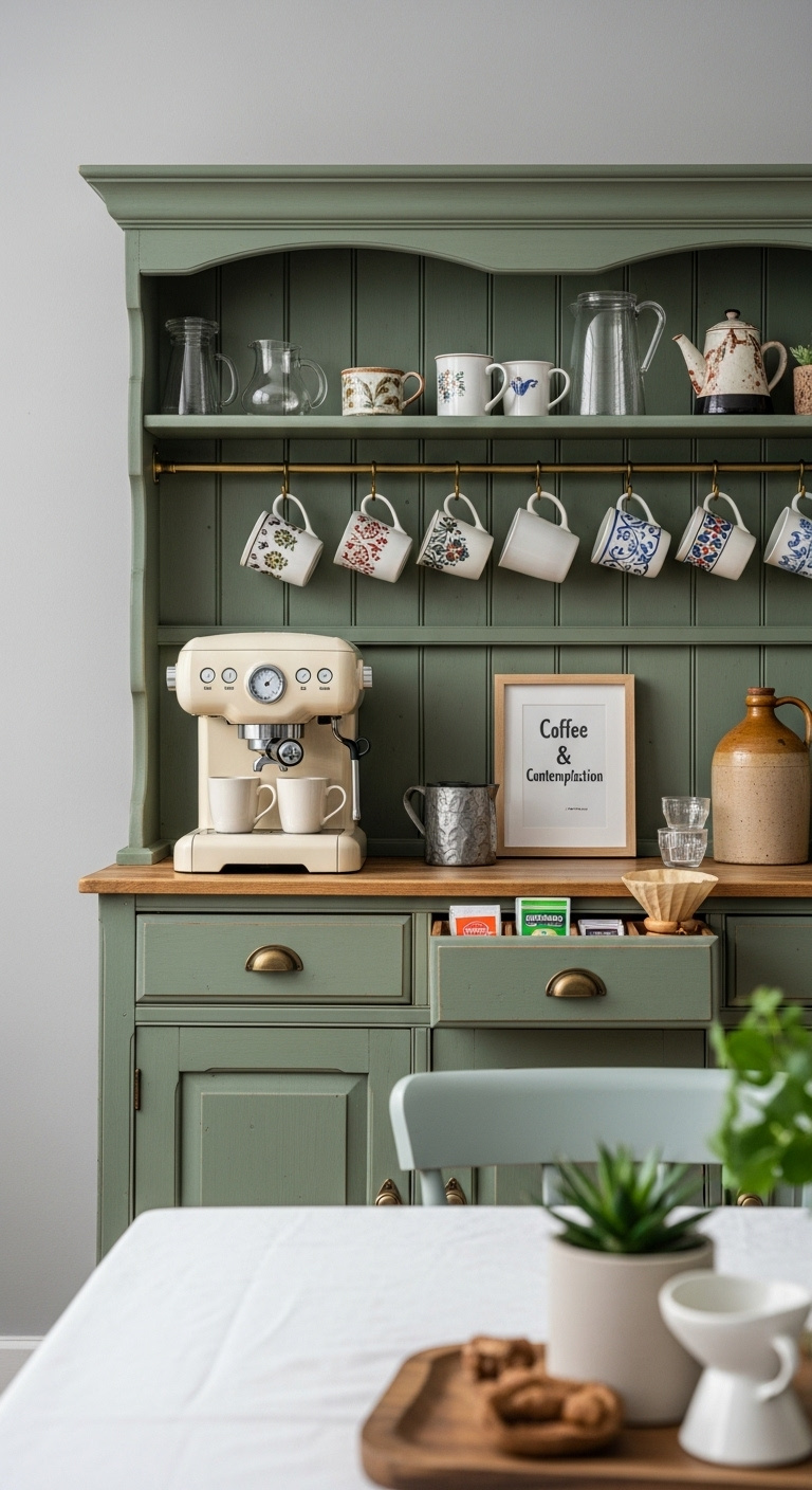 Vintage sage green hutch repurposed as a coffee bar with retro espresso machine eclectic mugs and organized tea bags and coffee filters