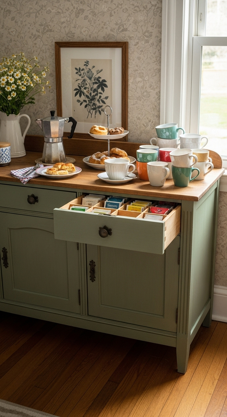 Vintage sage green sideboard functioning as a coffee and tea bar with a retro coffee pot pastries and tea bags