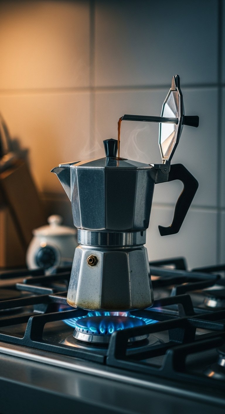 Vintage stainless steel Moka pot on a gas stove burner with coffee flowing from the spout