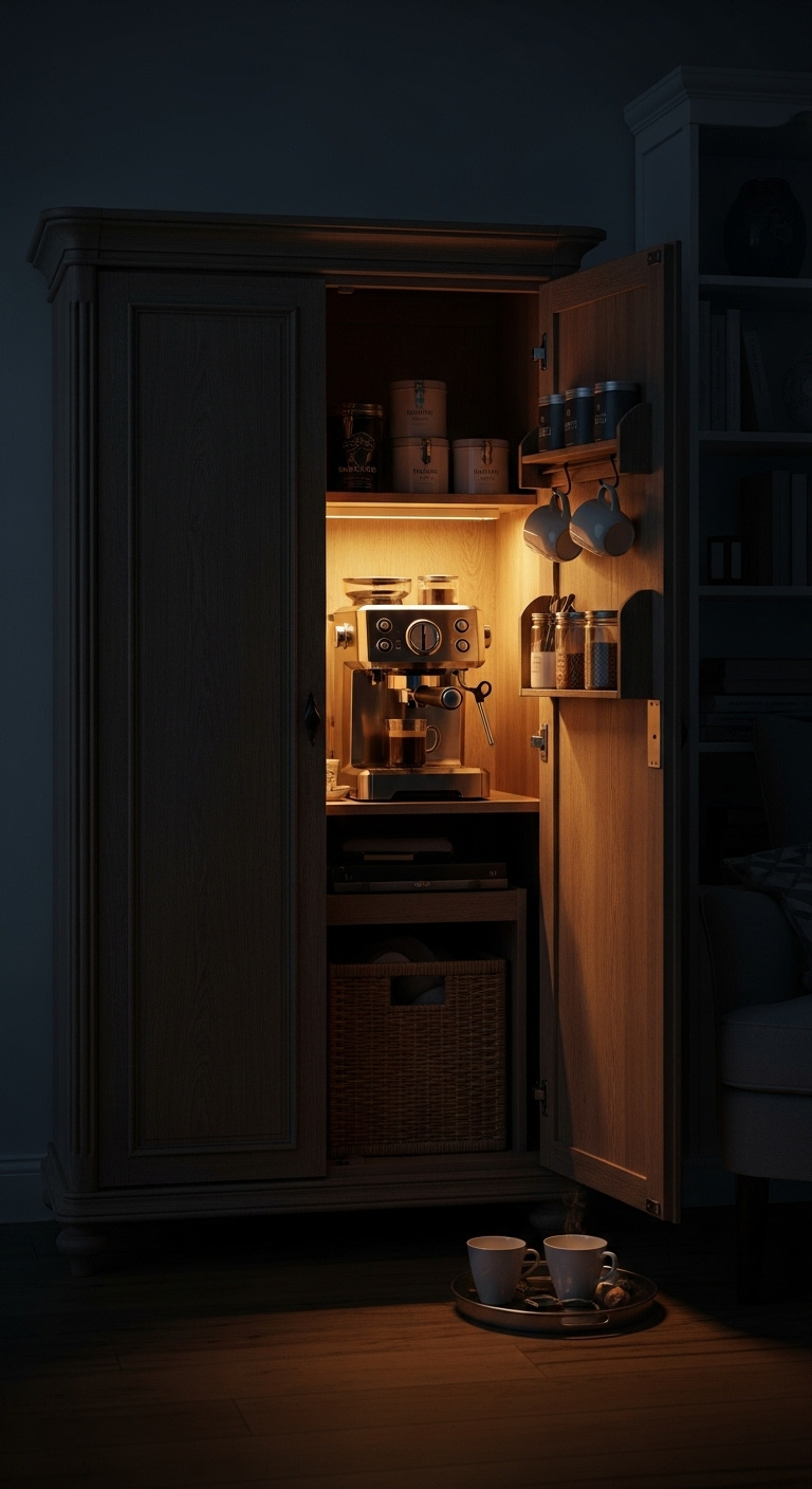 Vintage style armoire with one door open revealing a perfectly organized hidden coffee nook with espresso machine and mugs
