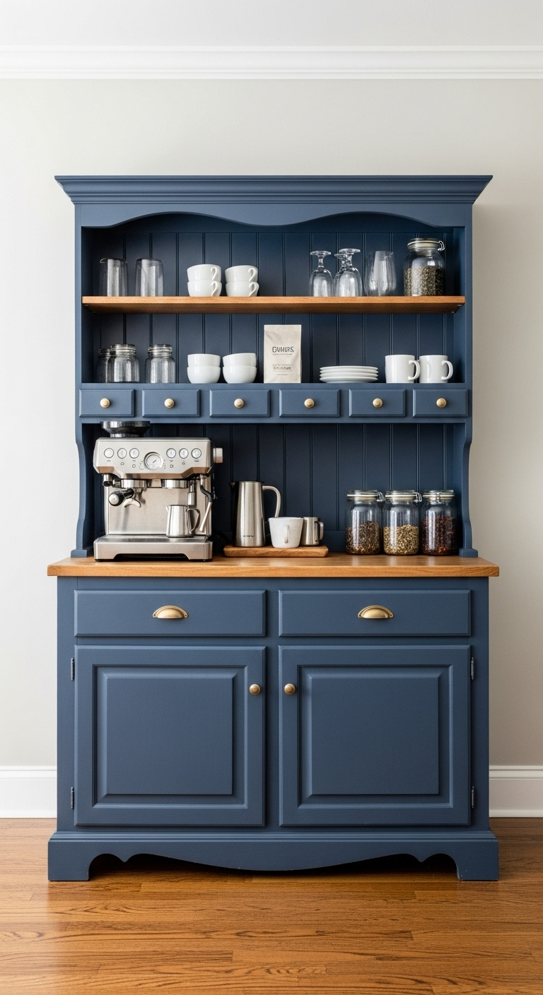 Vintage wooden hutch painted matte navy blue repurposed as an elegant coffee and tea station with an espresso machine