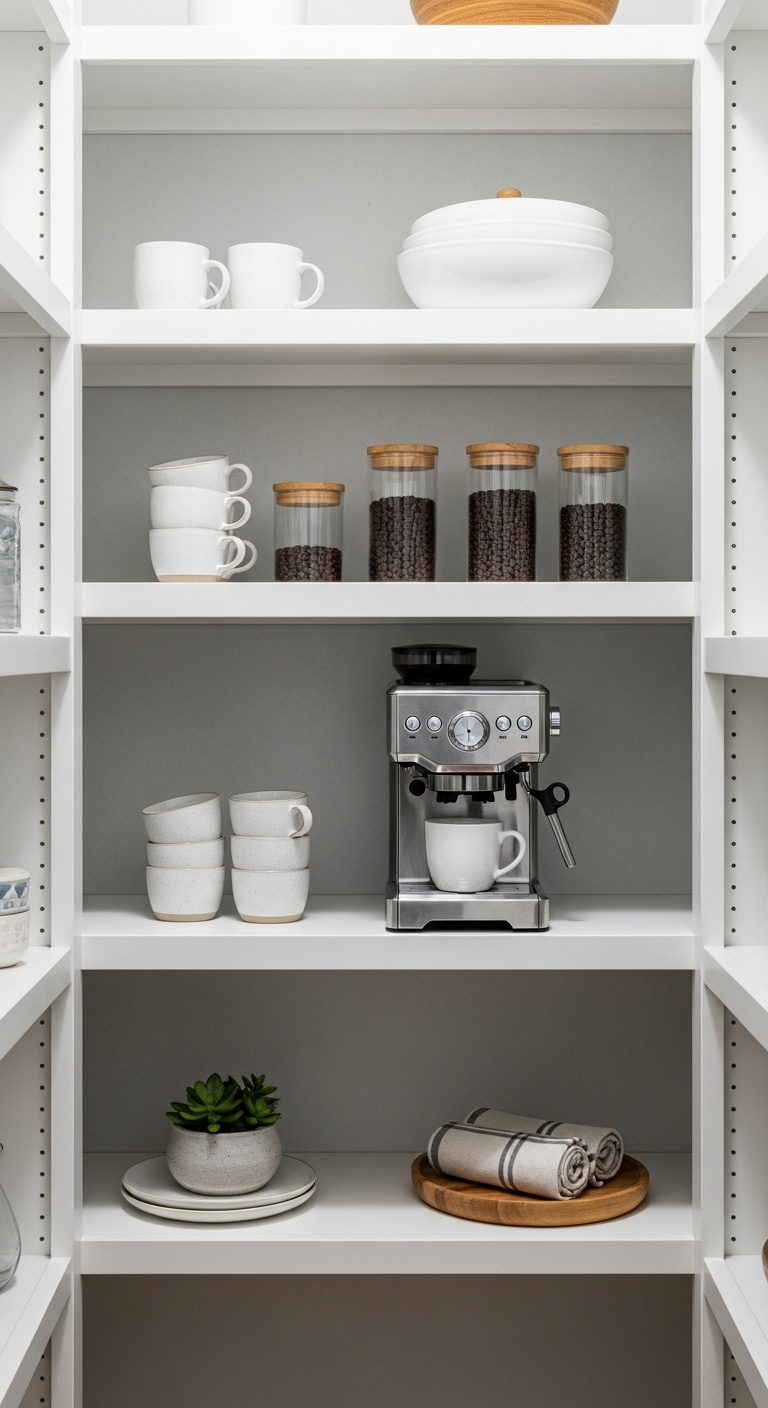 Walk-in pantry with floor-to-ceiling shelving organized with coffee machine mugs and glass canisters