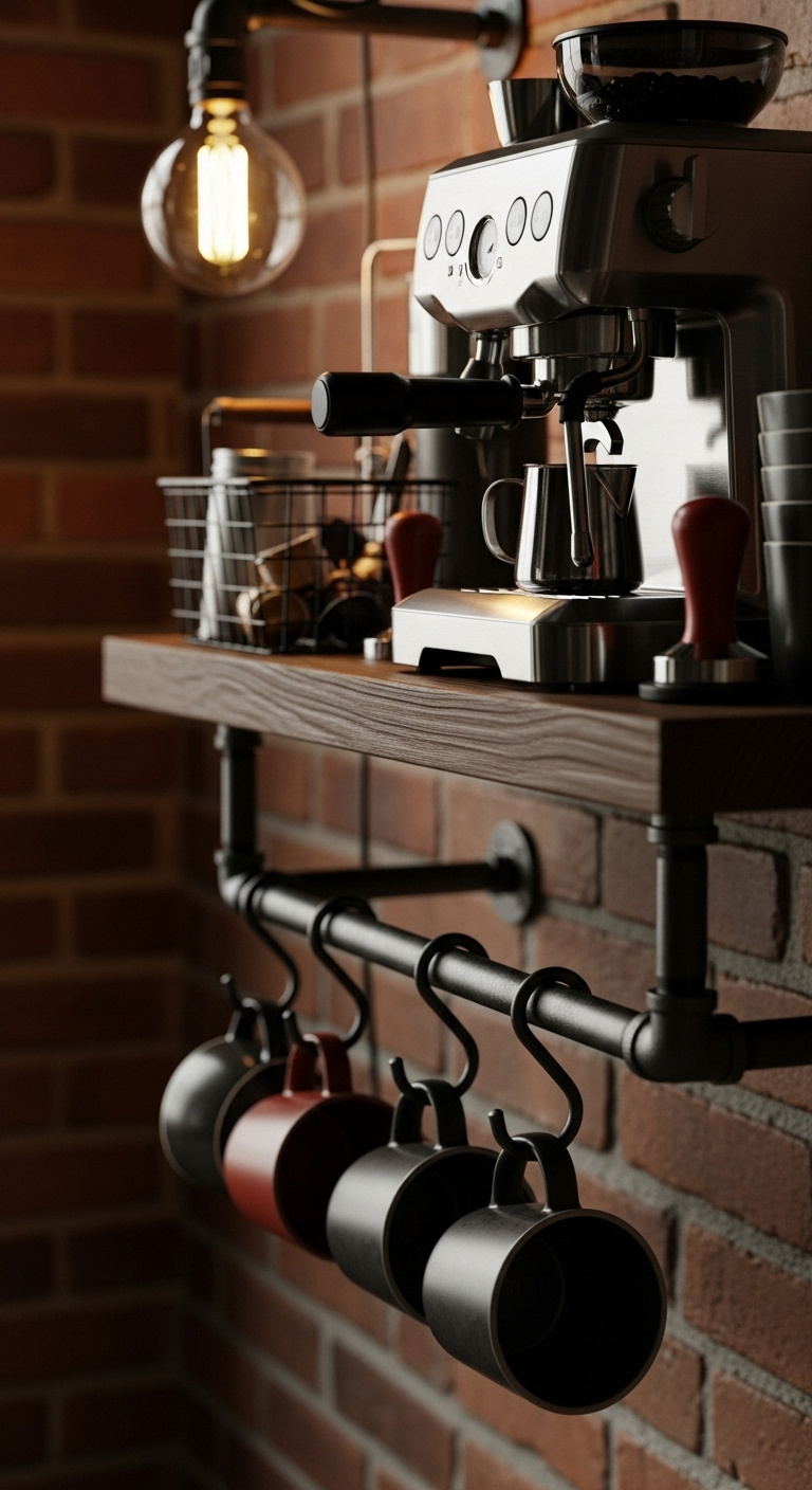 Wall mounted coffee station with dark iron pipes and pine wood shelves, espresso machine, and dark toned mugs on a brick wall