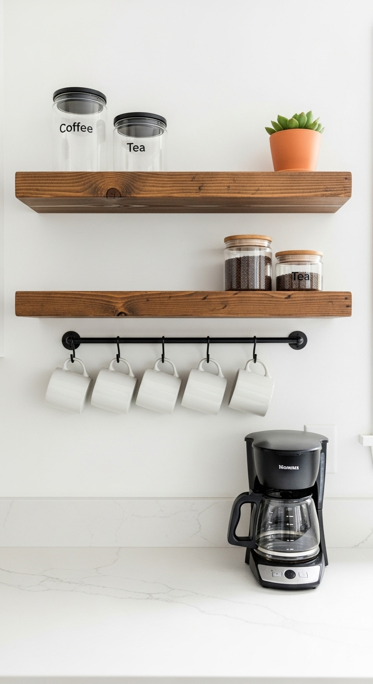 Wall mounted coffee station with rustic wood floating shelves and a black drip coffee maker on a white quartz countertop