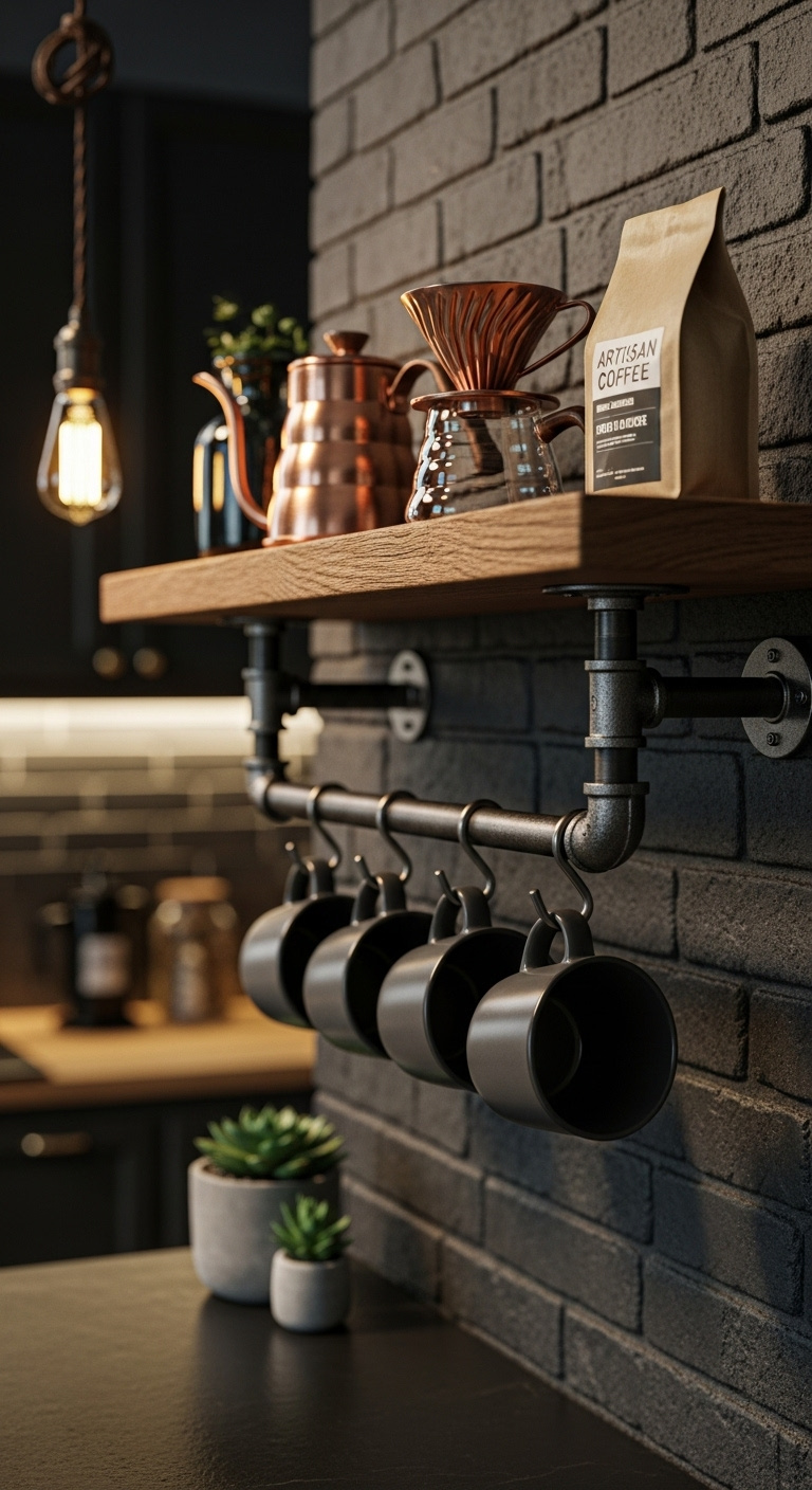 Wall mounted industrial pipe shelf display with rustic oak wood, monochrome mugs, and a copper pour over kettle on a brick wall