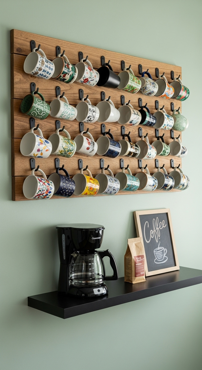 Wall-mounted mug rack coffee station centerpiece with rustic wood colorful ceramic mugs drip maker and beans