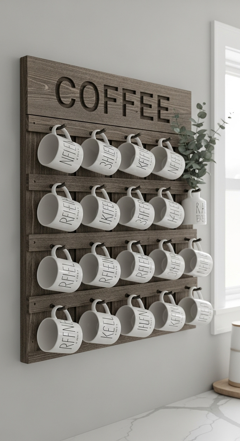 Wall-mounted mug rack display with carved COFFEE sign and Rae Dunn style mugs on a light gray wall