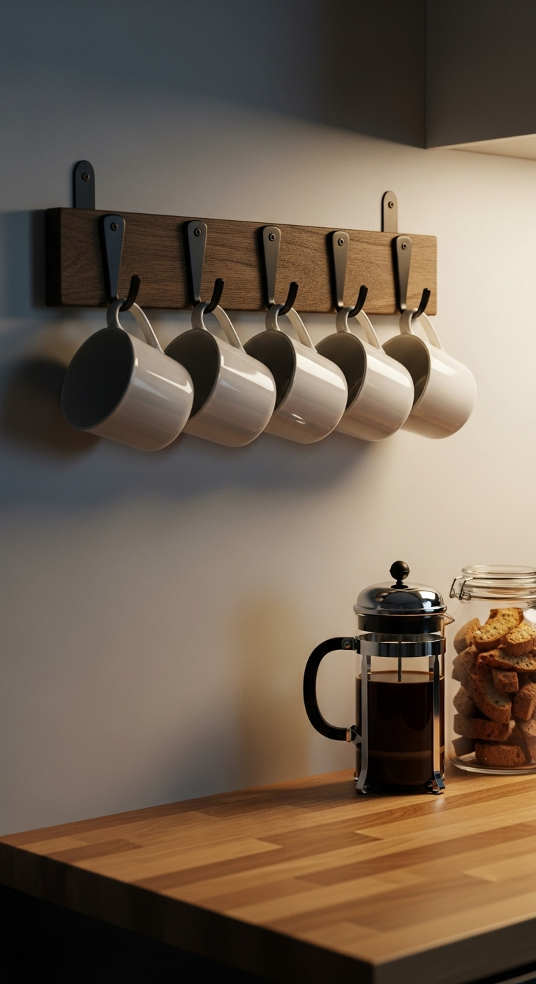 Wall mounted rustic wood and metal mug rack displaying white ceramic mugs above a French press on a butcher block countertop