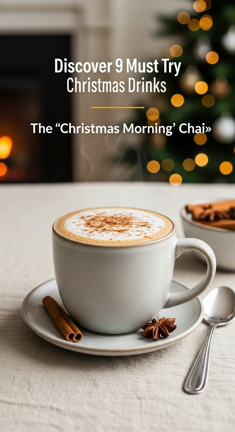 Warm Christmas Morning Chai latte in a ceramic mug with cinnamon stick and star anise on a linen tablecloth by a fireplace and Christmas tree