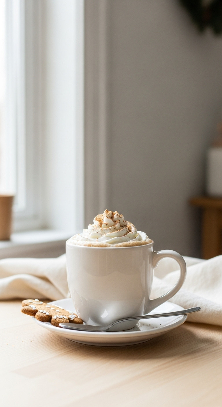 Warm Gingerbread Latte with whipped cream, cinnamon, and a gingerbread cookie on a light wooden surface