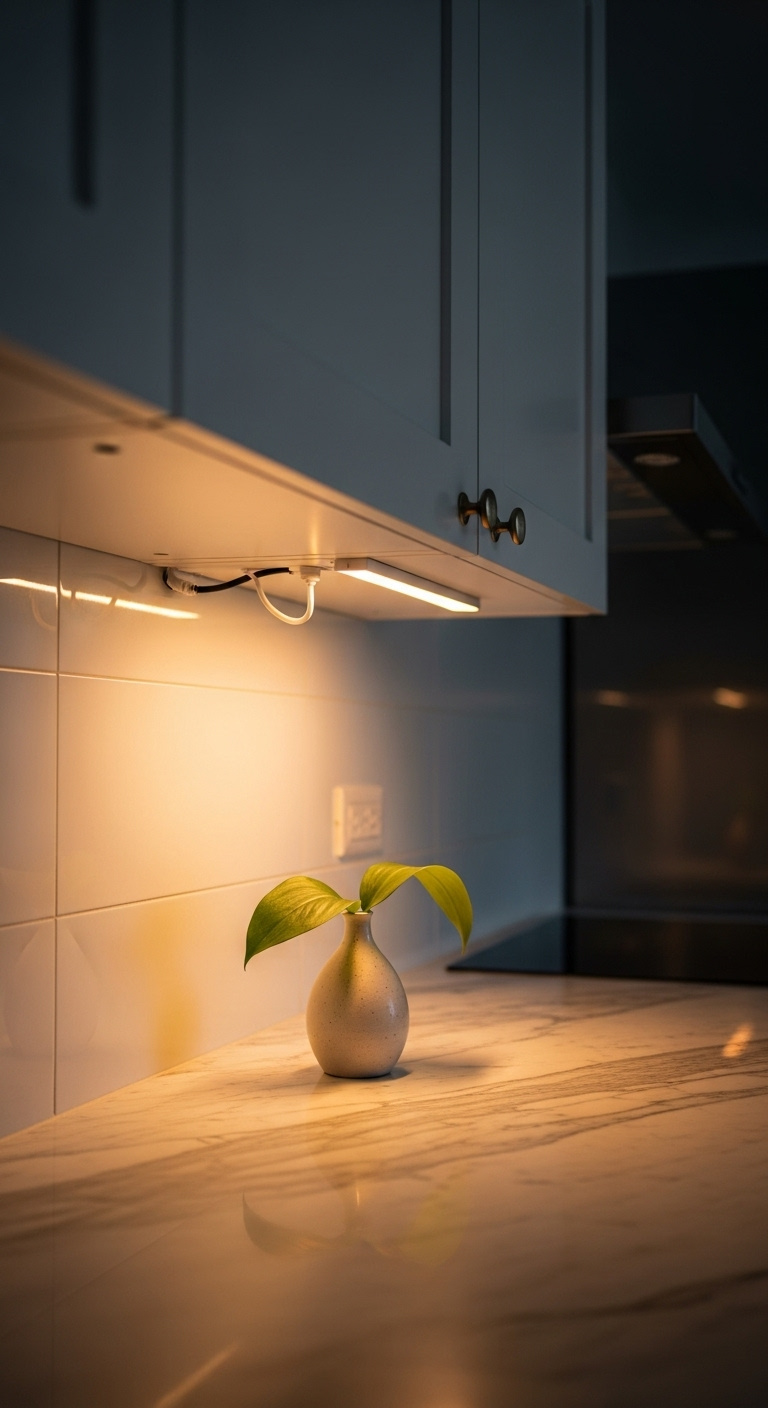 Warm LED under-cabinet lighting illuminating a sleek marble countertop and ceramic vase with a green leaf in a modern kitchen at dusk