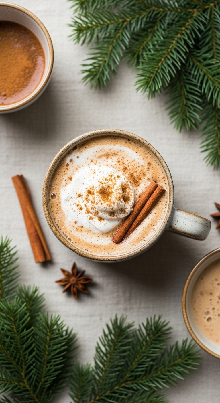 Warm Mistletoe Chai latte with cold foam, cinnamon, star anise, and holiday greenery on a linen tablecloth
