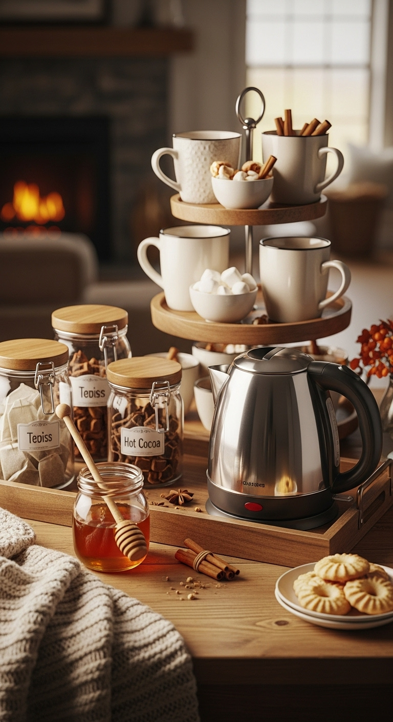Warm and inviting hot beverage nook with an electric kettle canisters mugs marshmallows and cinnamon sticks