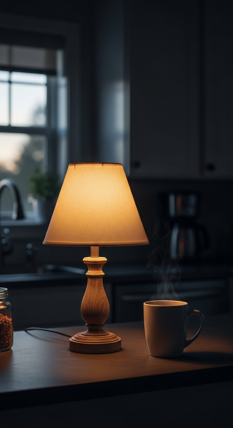 Warm lighting at coffee bar from elegant table lamp with cream shade and rustic wooden base illuminating coffee station in early morning