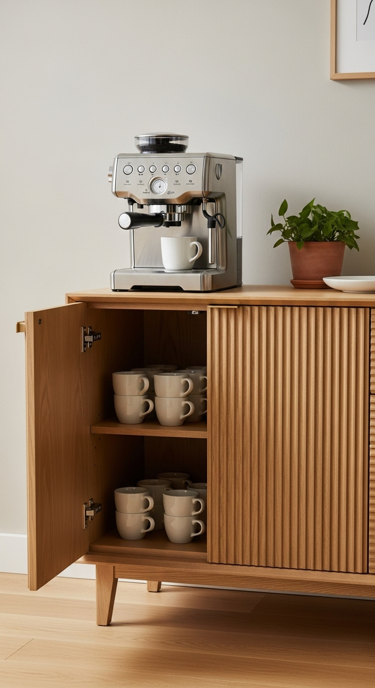 Warm white oak cabinetry coffee station with fluted doors silver bean-to-cup machine and stacked mugs