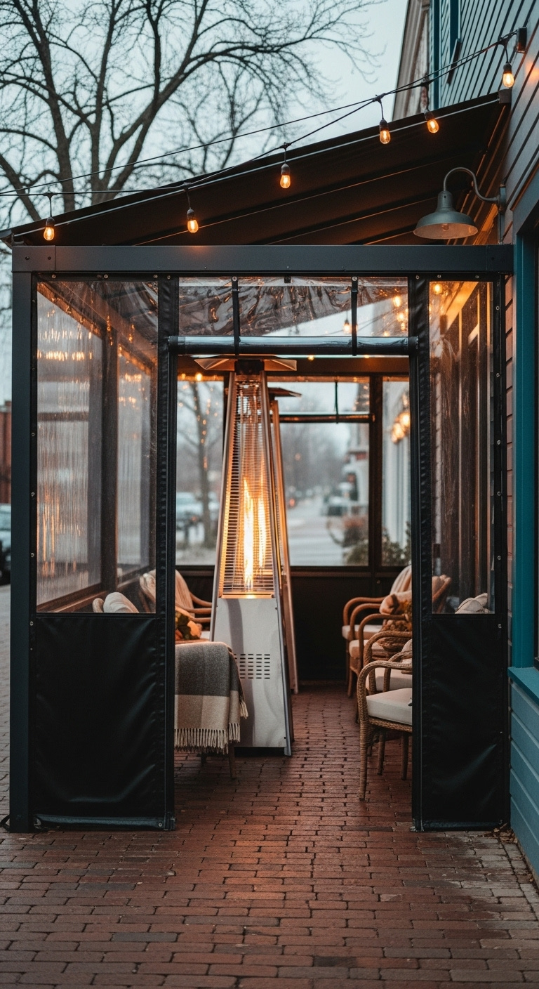 Weather proofing for all season comfort with enclosed coffee shop patio clear vinyl curtains and propane heater