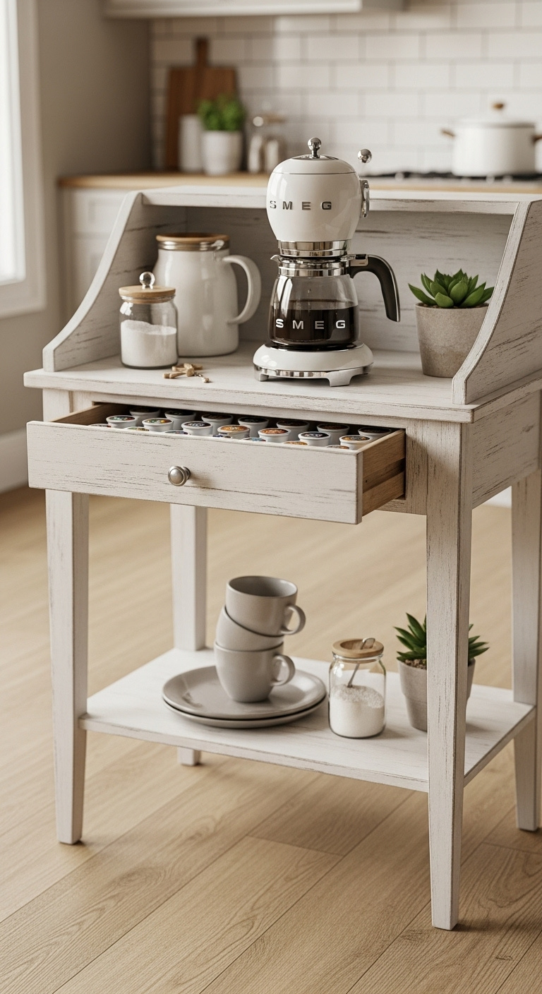 Weathered white writing desk transformed into a coffee station with a SMEG drip coffee maker and organized coffee pods