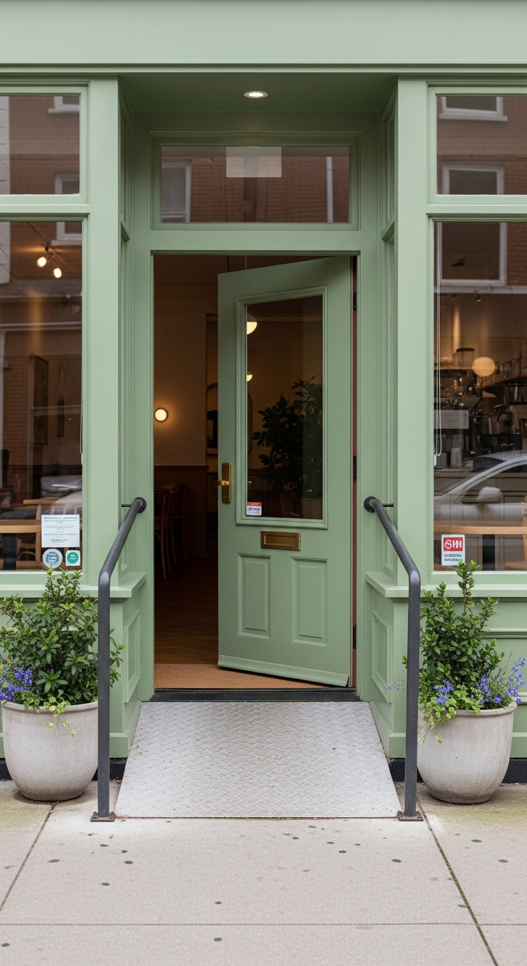 Welcoming accessible entryway of a coffee shop with a cheerful sage green door ADA compliant ramp and large planters