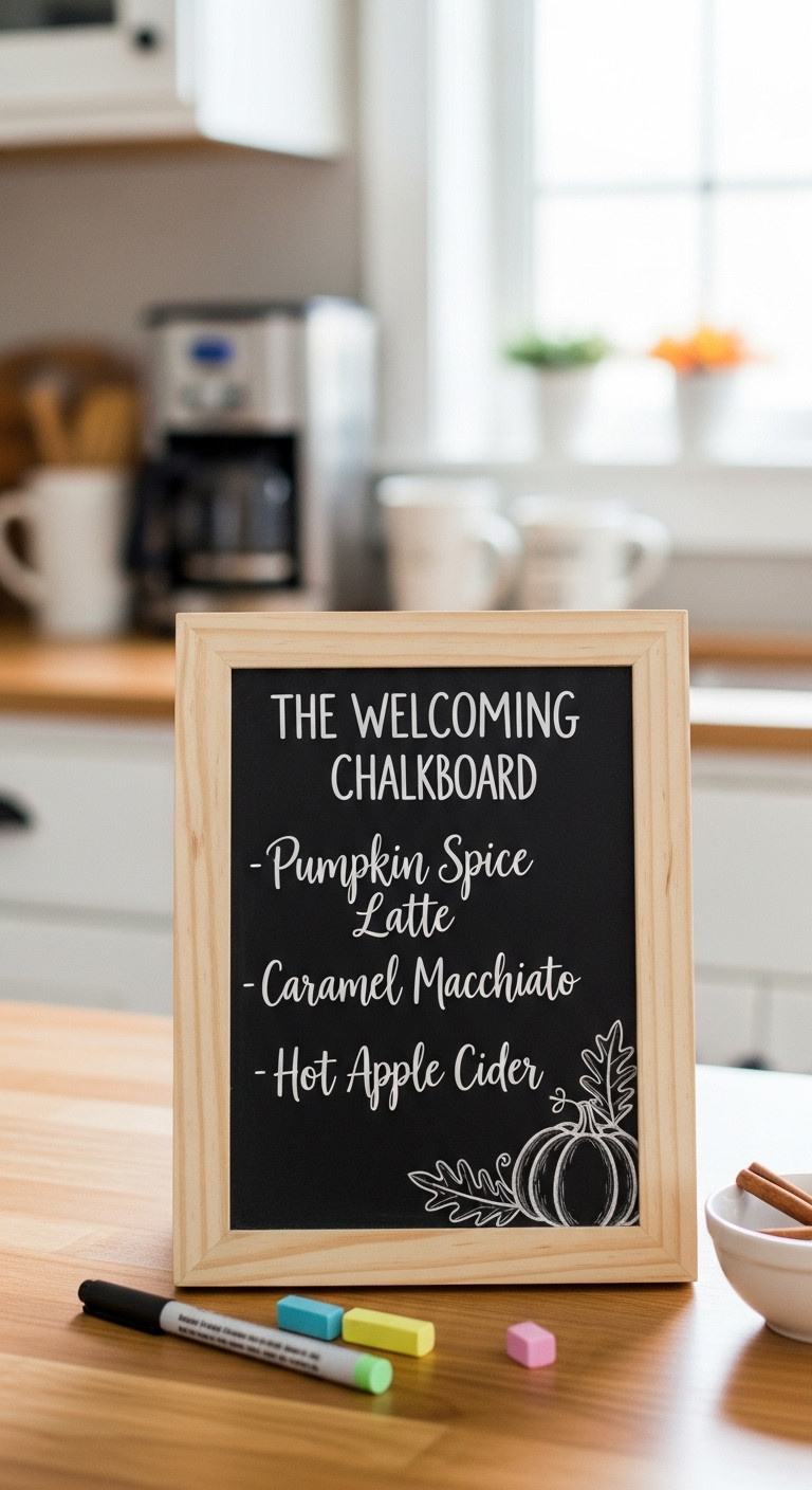 Welcoming chalkboard menu for a fall coffee bar with pumpkin spice latte, caramel macchiato, and hot apple cider drinks