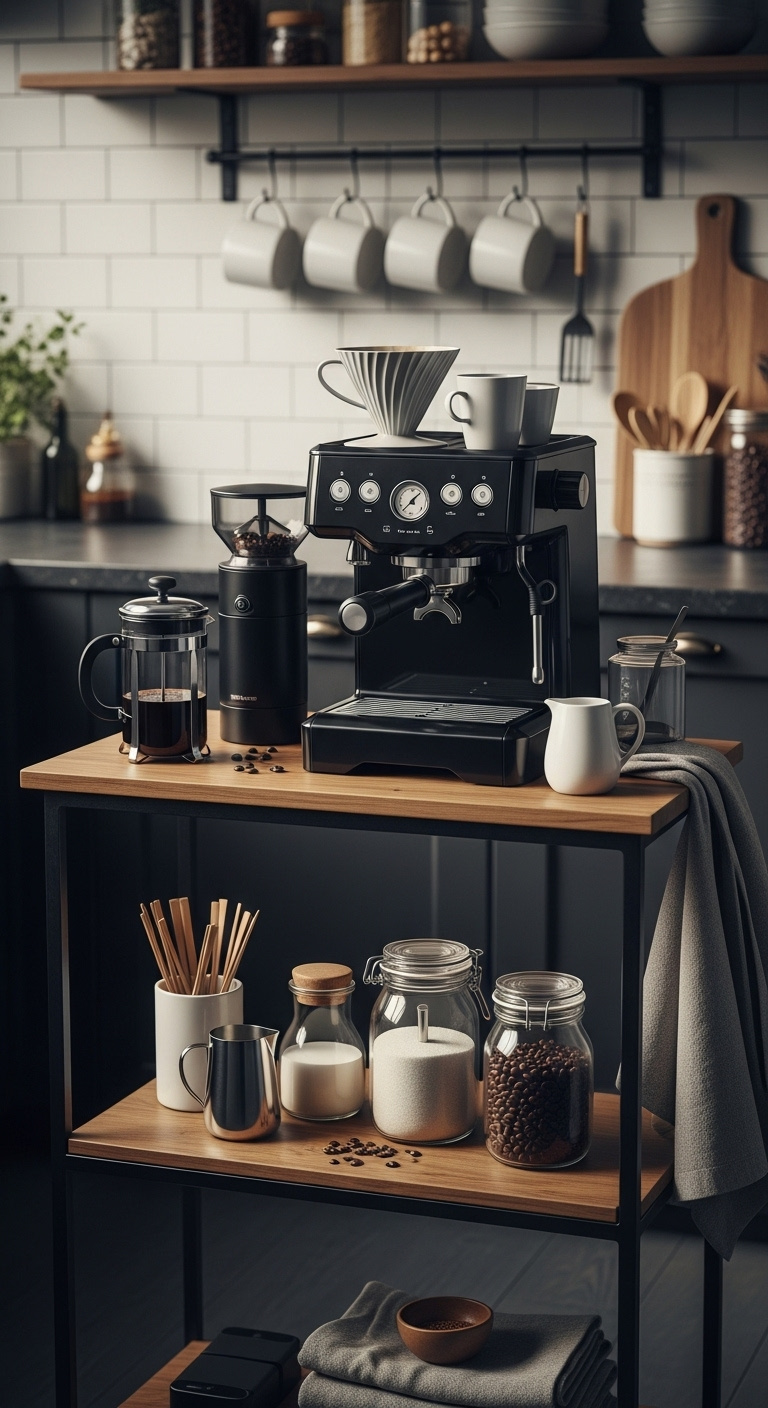 Well-appointed coffee station on a narrow wooden cart with black espresso machine, grinder, French press, hanging mugs, and glass jars