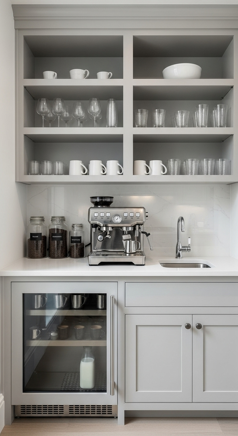Well-organized butler's pantry with a dedicated coffee station featuring an espresso machine and mini-fridge