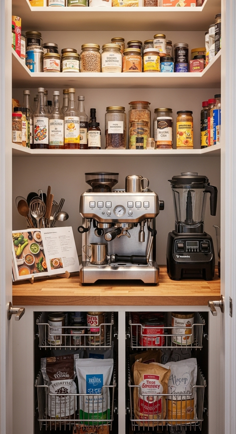 Well-organized walk-in pantry with a butcher block coffee and juice bar, espresso machine, Vitamix blender, syrups, superfoods, and coffee beans