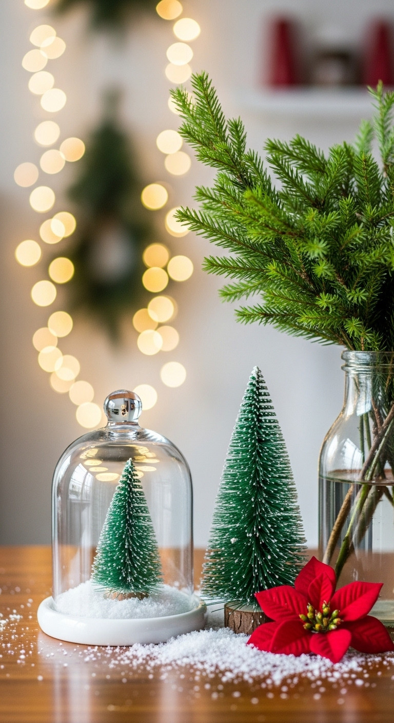 Whimsical Christmas coffee bar decor glass cloche snowy scene bottle brush tree evergreen sprigs fairy lights festive holiday magic