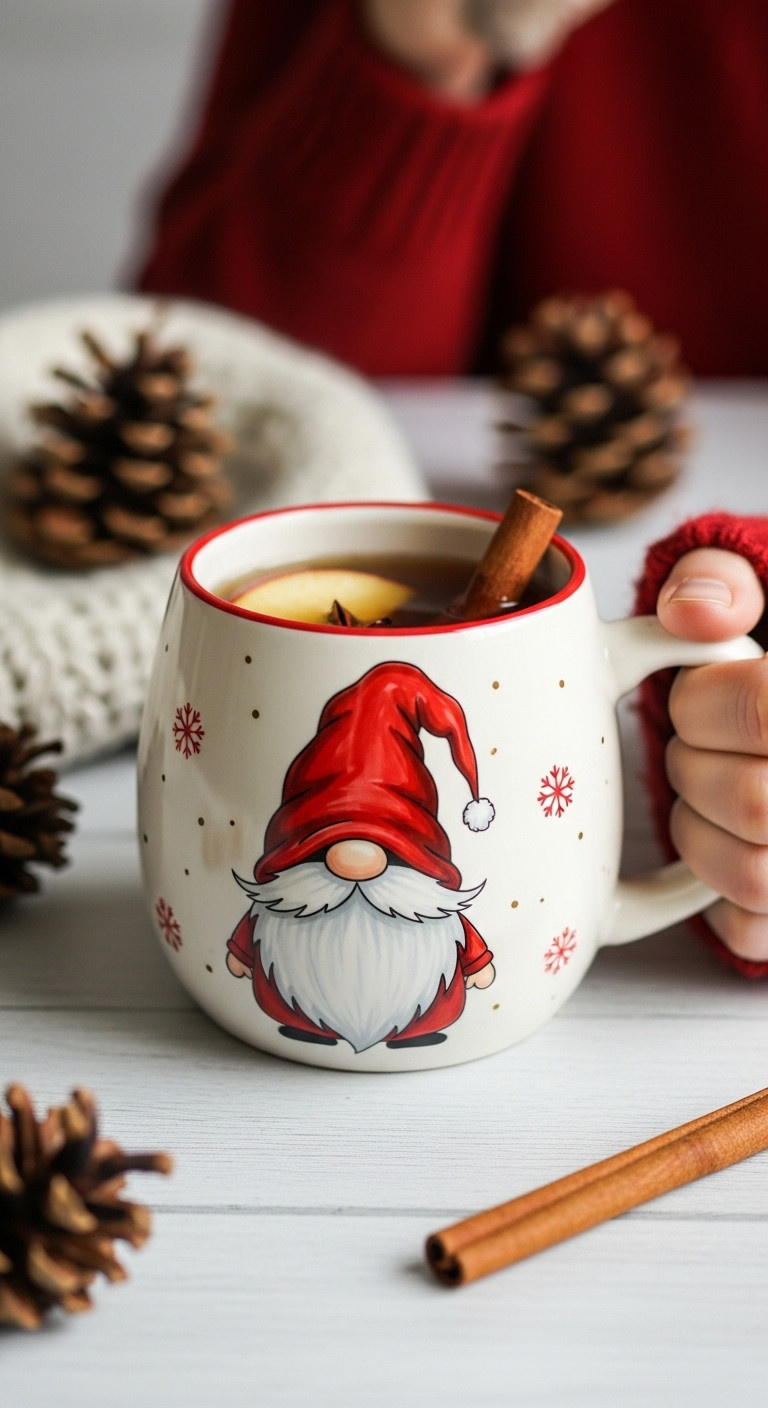 Whimsical Christmas gnome mug with hot apple cider and cinnamon stick on a light wooden table with a knit sweater