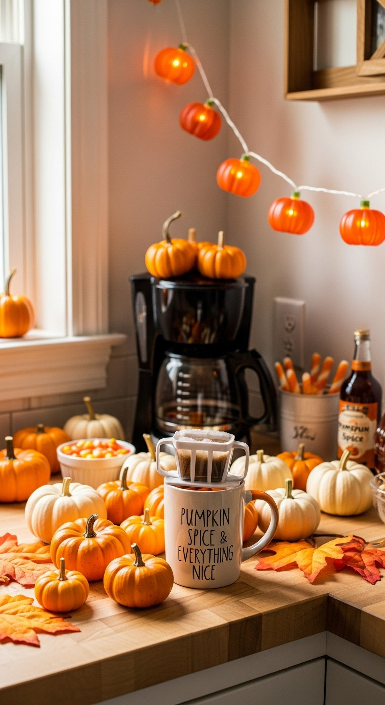 Whimsical fall coffee bar with mini pumpkins, fairy lights, drip coffee maker, and pumpkin spice mug on a butcher block counter