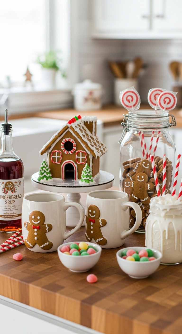 Whimsical gingerbread house themed coffee bar with edible gingerbread house mugs and gingerbread man cookies on a countertop