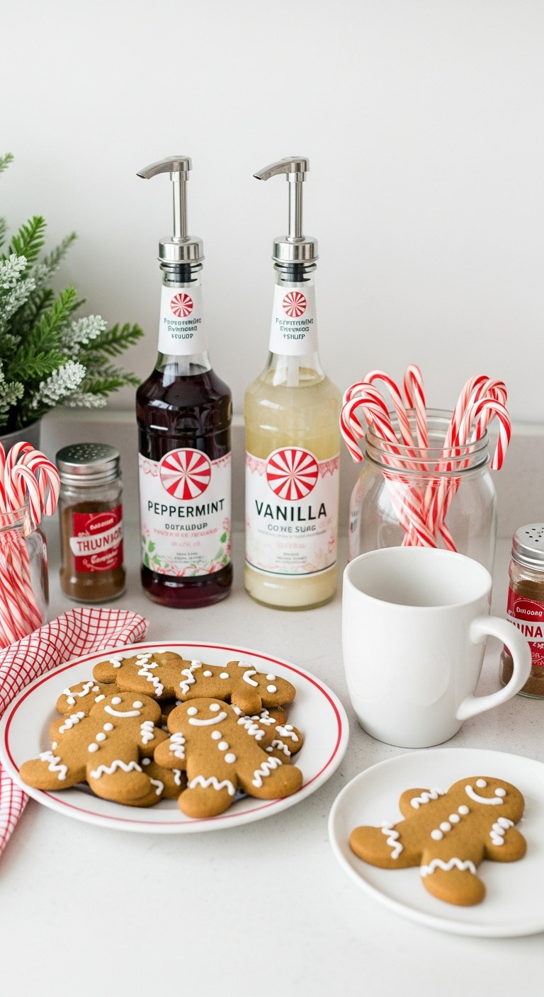 Whimsical peppermint and gingerbread coffee station with syrup dispensers, gingerbread man cookies, and candy canes