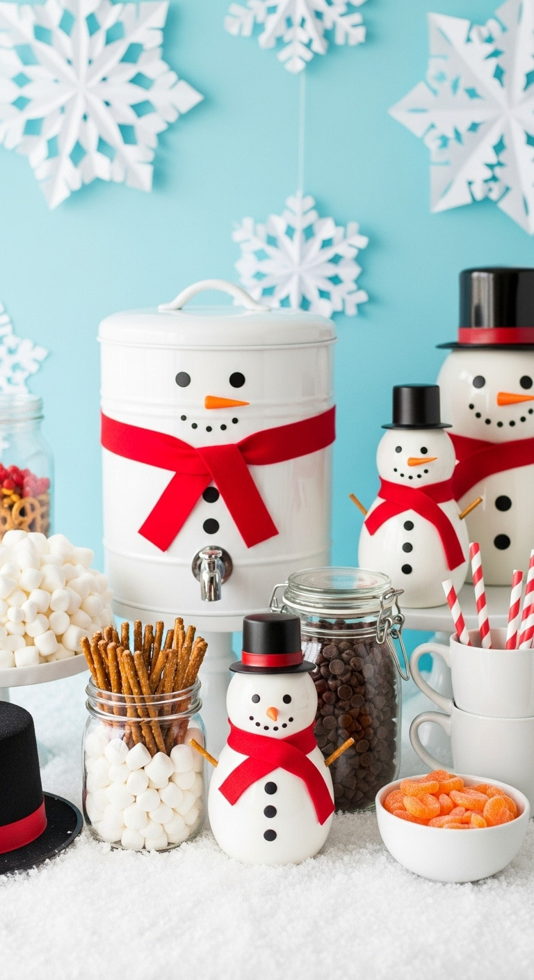Whimsical snowman themed hot cocoa bar with decorated canister jars of snowman parts and a top hat