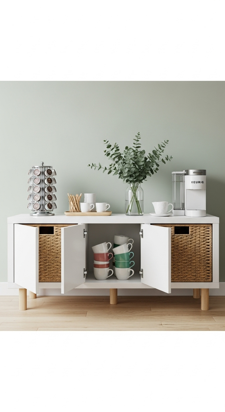 White IKEA Kallax 2x2 unit on wooden legs with seagrass baskets and colorful mugs as a coffee station