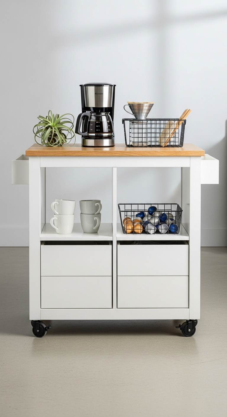 White IKEA Kallax unit on wheels hacked into a mobile coffee hub with a butcher block top coffee maker mugs and storage