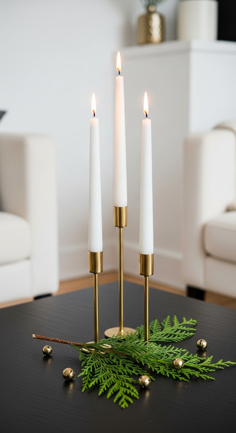 White and gold Christmas decor coffee table classic white taper candles gold holders cedar sprig jingle bells elegant sophisticated