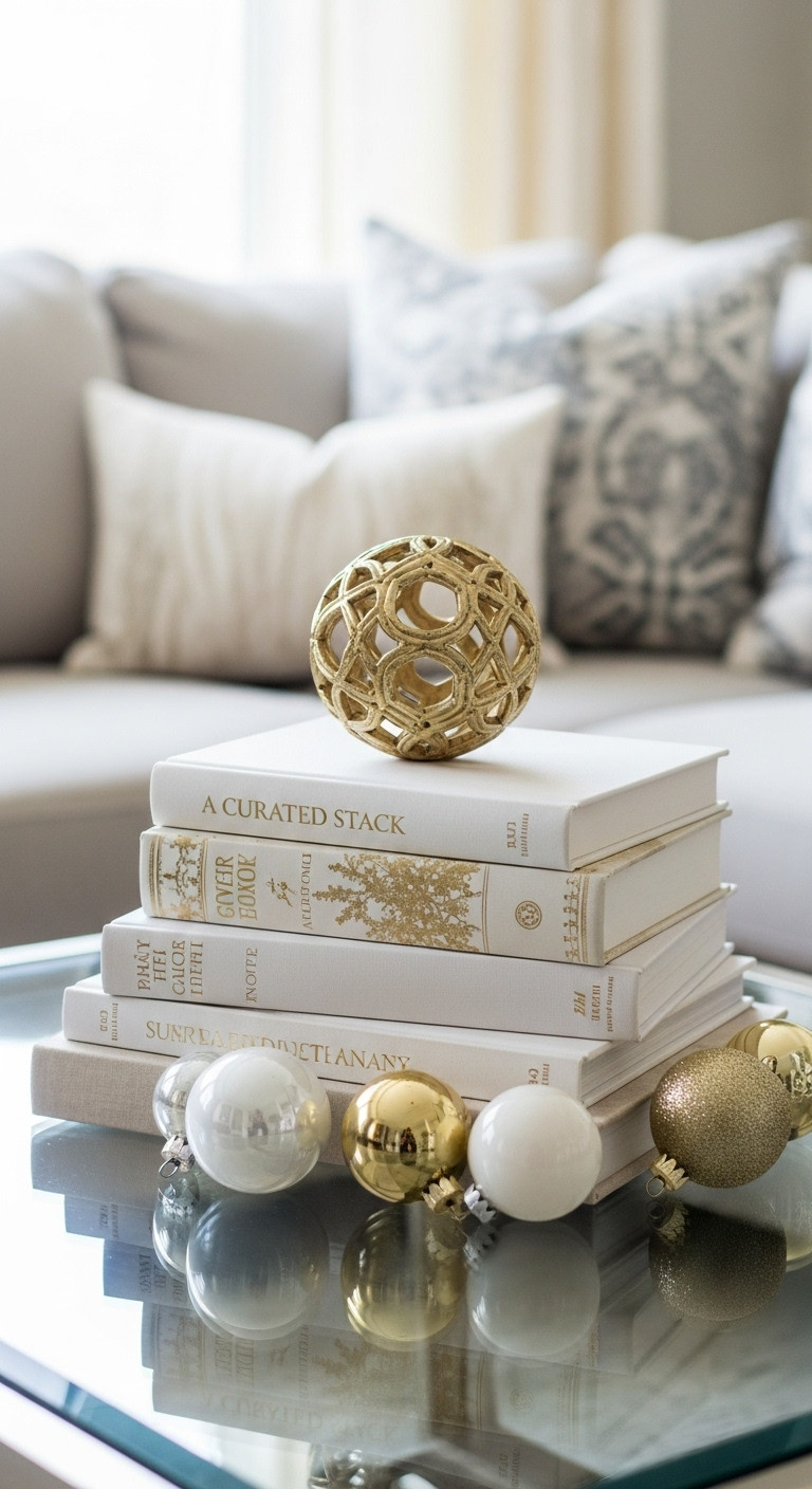 White and gold Christmas decor coffee table curated stack books ornaments decorative sphere elegant living room styling
