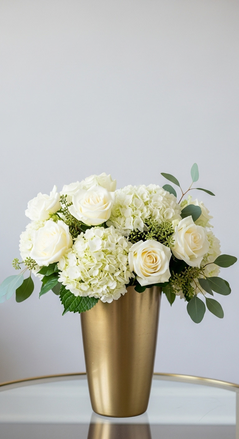 White and gold Christmas decor coffee table elegant white florals gold vase roses hydrangeas eucalyptus modern living room styling