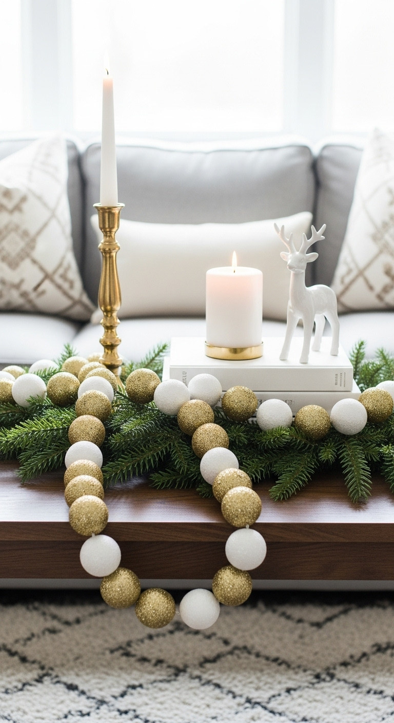White and gold Christmas decor coffee table glitter ball garland white books gold candle holder ceramic deer elegant styling