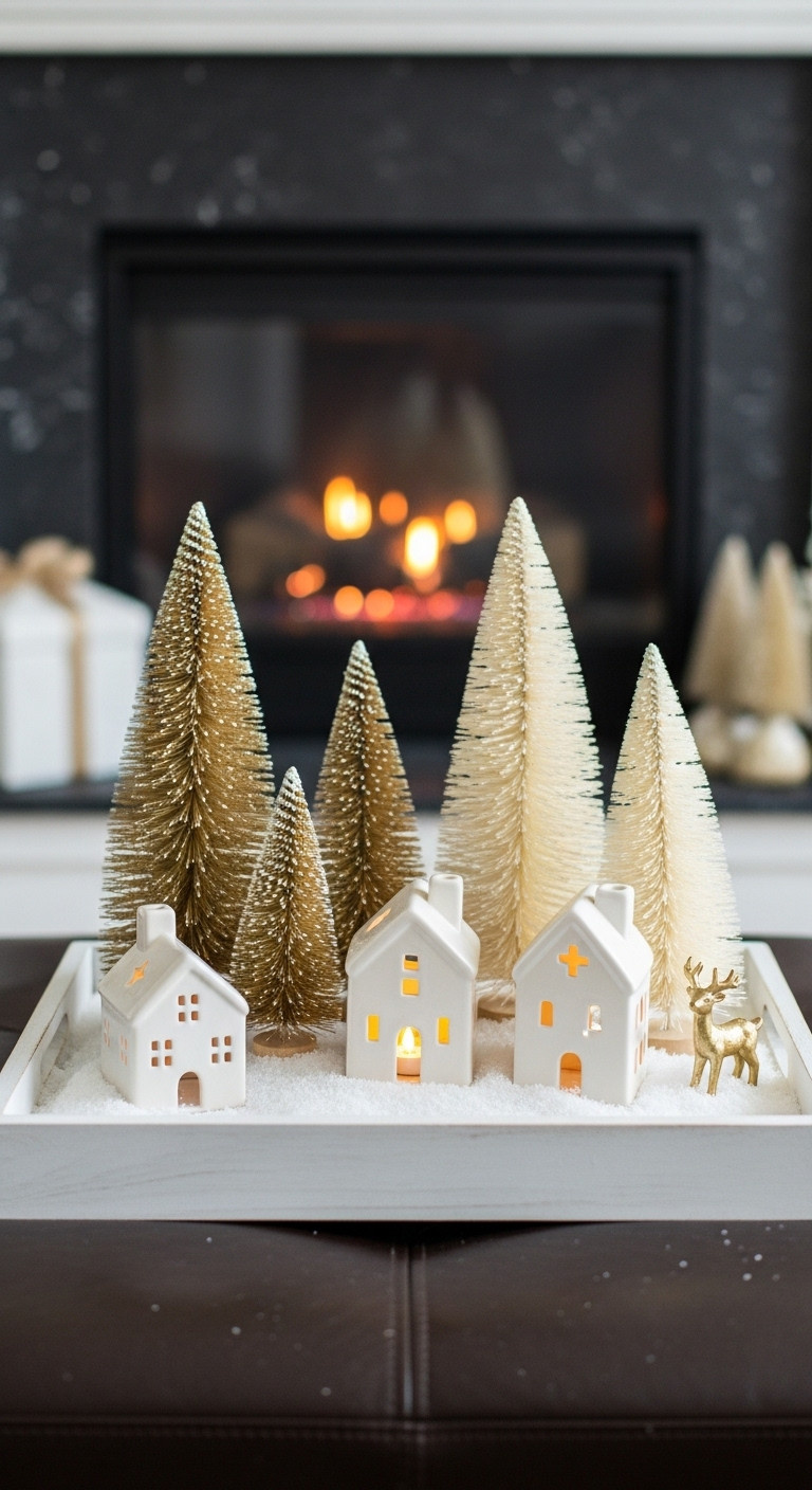 White and gold Christmas decor coffee table miniature winter village scene ceramic houses gold bottle brush trees faux snow cozy festive